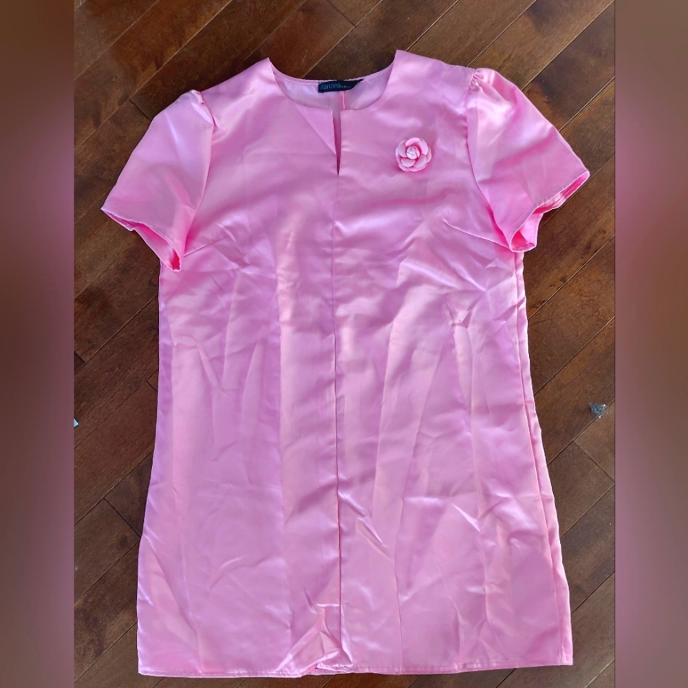 Zanzea Collection Pink Satin Dress with Flower Accent